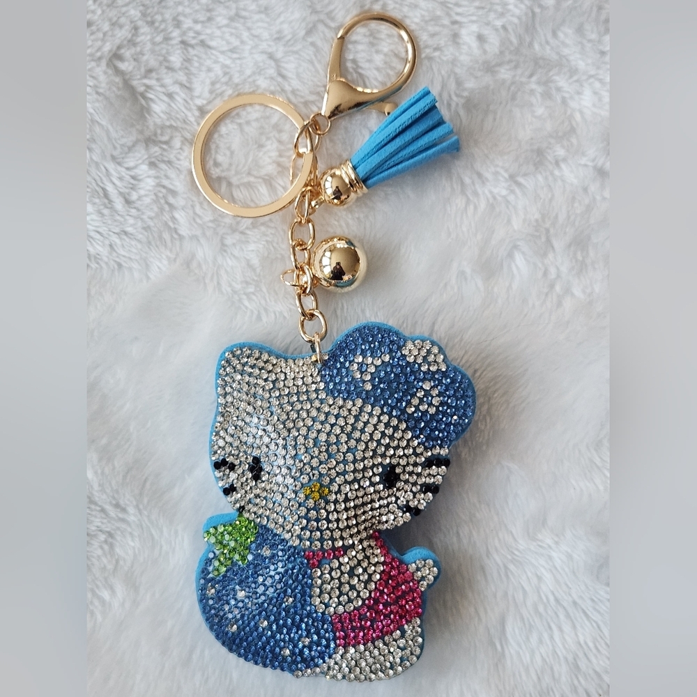 Hello Kitty Cute Rhinestone Cat With Blue Berry Keychain Bag Charm